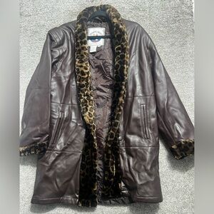 Atlantic Beach VTG Faux Leather Brown Leopard Print Coat Jacket Size Medium